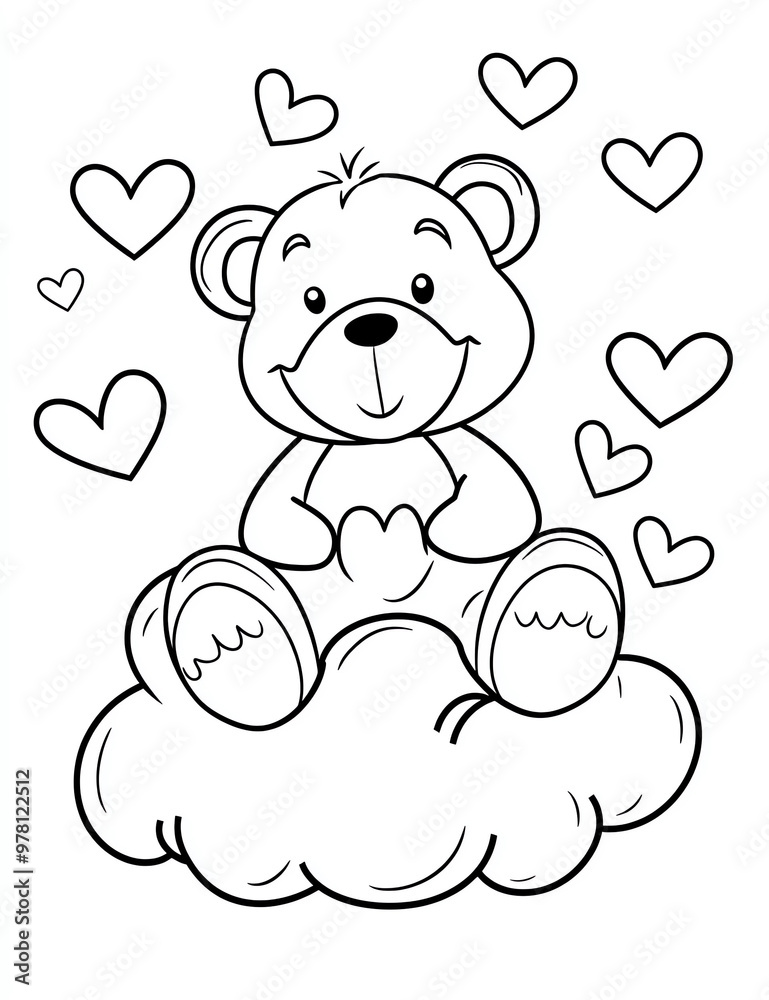 A cute teddy bear sitting on a cloud, surrounded by hearts. This is a black and white coloring page for kids, A cute teddy bear sitting on a cloud, surrounded by hearts. This is a black and white coloring page for kids,