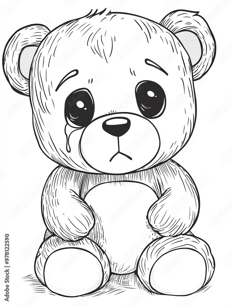 Obraz premium Coloring page for kids, a teddy bear with tears in its eyes in a cartoon style with simple line art on a white background