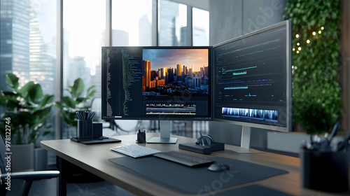 Modern Office Desk Setup with Two Monitors Showing Cityscape and Video Editing Software - 3D Illustration