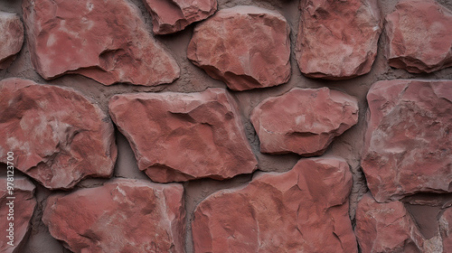 Textura de parede de pedra vermelha rústica com acabamento fosco, ideal para elementos de fundo ou design. A superfície áspera e irregular cria uma sensação natural e terrosa photo