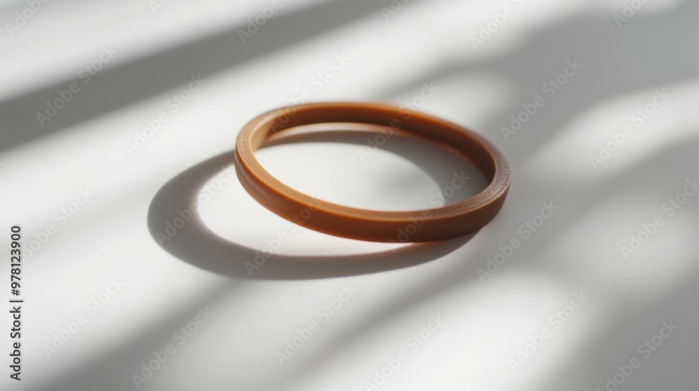 A minimalist shot of a single brown rubber band resting on a clean, white surface, with soft lighting creating gentle shadows. A minimalist shot of a single brown rubber band resting on a clean, white surface, with soft lighting creating gentle shadows.