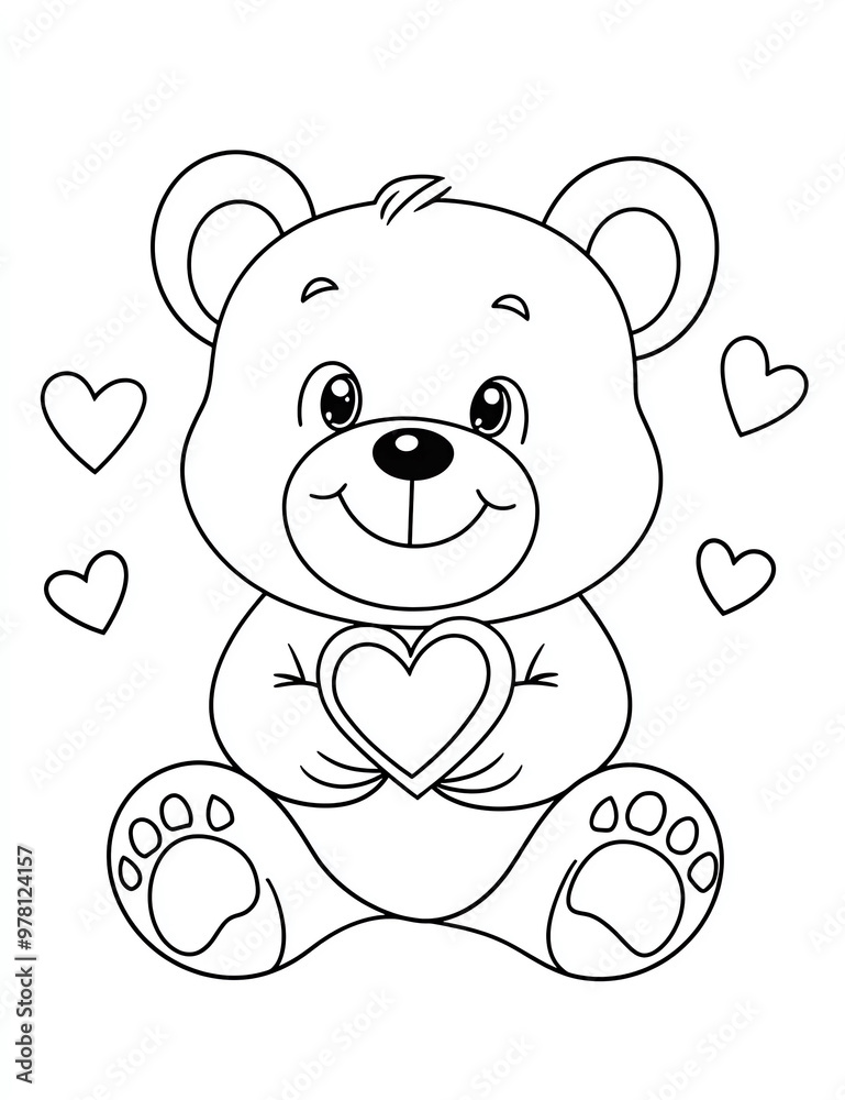 A cute teddy bear holding a heart, with an outline and no color, simple clean line art on a white background. A cute teddy bear holding a heart, with an outline and no color, simple clean line art on a white background.