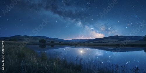 Serene nighttime lake with a clear reflective sky.