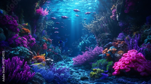 A surreal underwater world blends vibrant coral reefs with sleek robotic fish, illuminated by ethereal bioluminescence, photorealistic, vivid colors, and intricate details photo