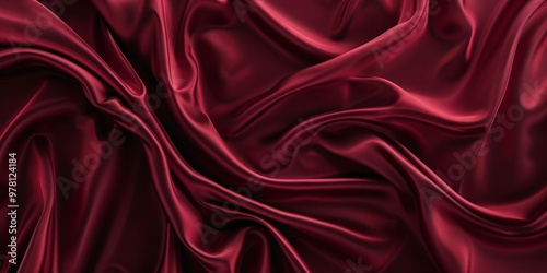 Deep red velvet fabric with soft waves and detailed folds lending a luxurious appearance. photo