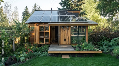 A modern, eco-friendly chicken coop with solar panels on the roof, situated in a lush green backyard.