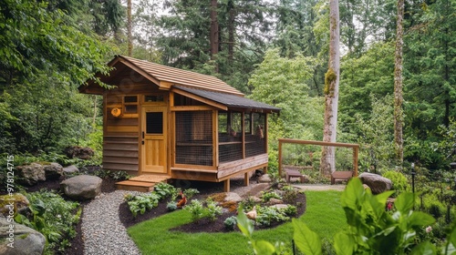 A modern, well-built chicken coop with a secure run, surrounded by greenery in a rural setting.