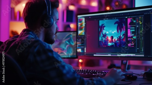 A motion designer editing a colorful animated scene in a video editing software, with layers and timelines visible.