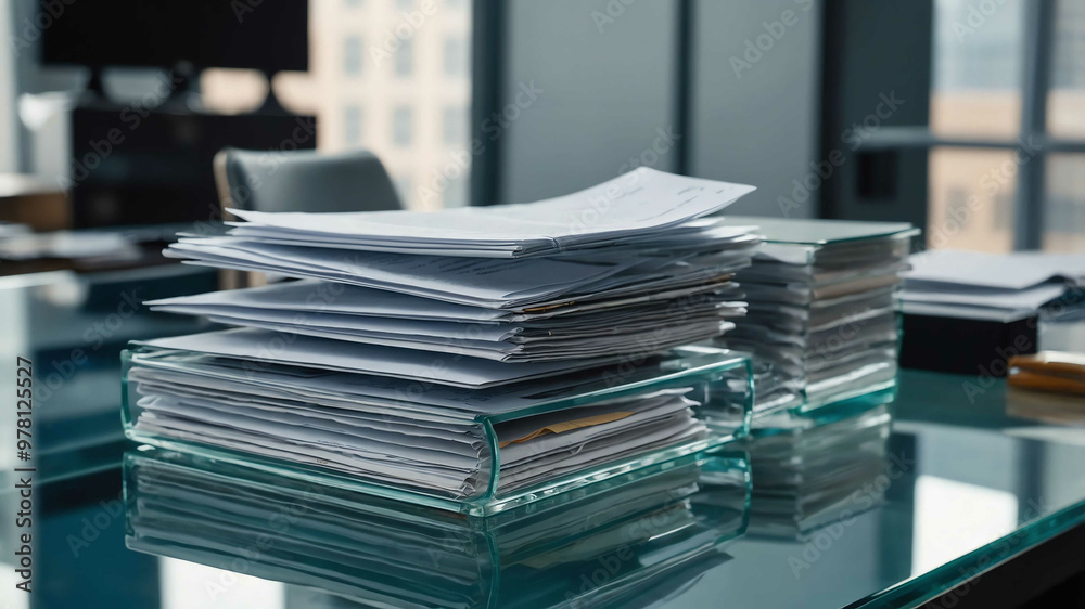 Business documents organized neatly on a glass office table Business documents organized neatly on a glass office table