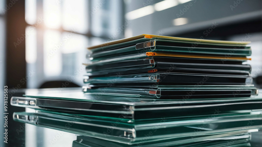 Business folders stacked neatly on a glass office table Business folders stacked neatly on a glass office table