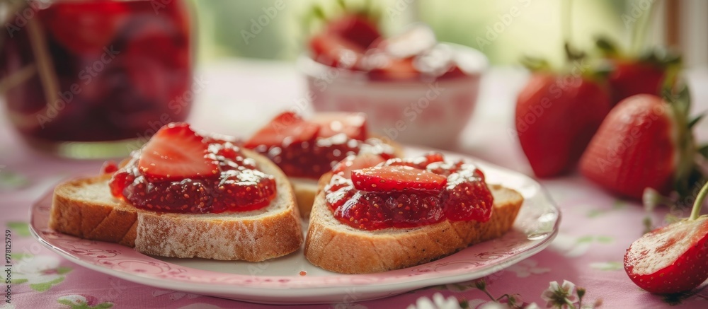 Strawberry jam topped with fresh strawberries on bread Strawberry jam topped with fresh strawberries on bread