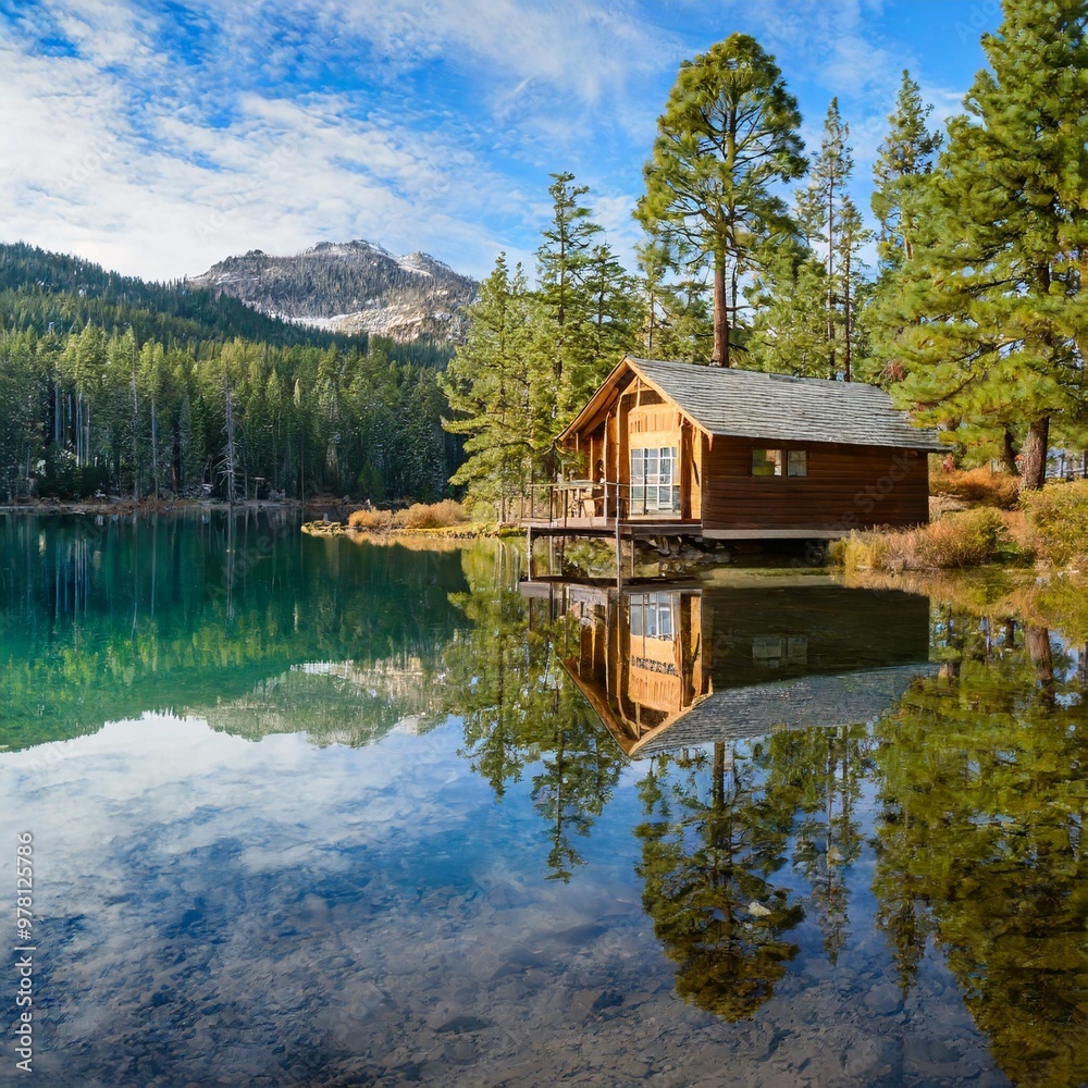 Fototapeta premium Serene Lakeside Cabin Reflected in Crystal Clear Waters, Surrounded by Pines