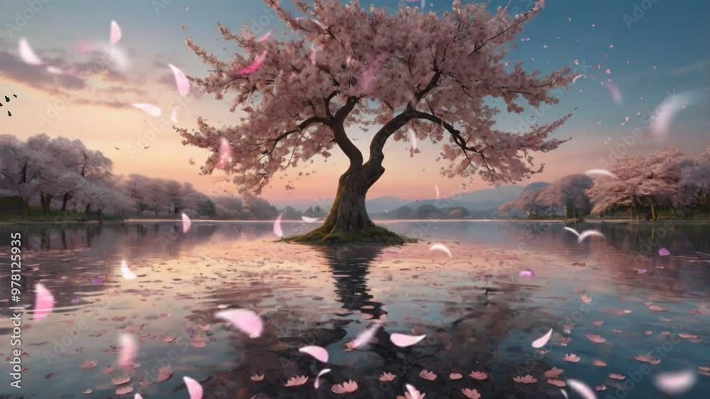 A serene digital painting of a river lined with blooming cherry blossom ...