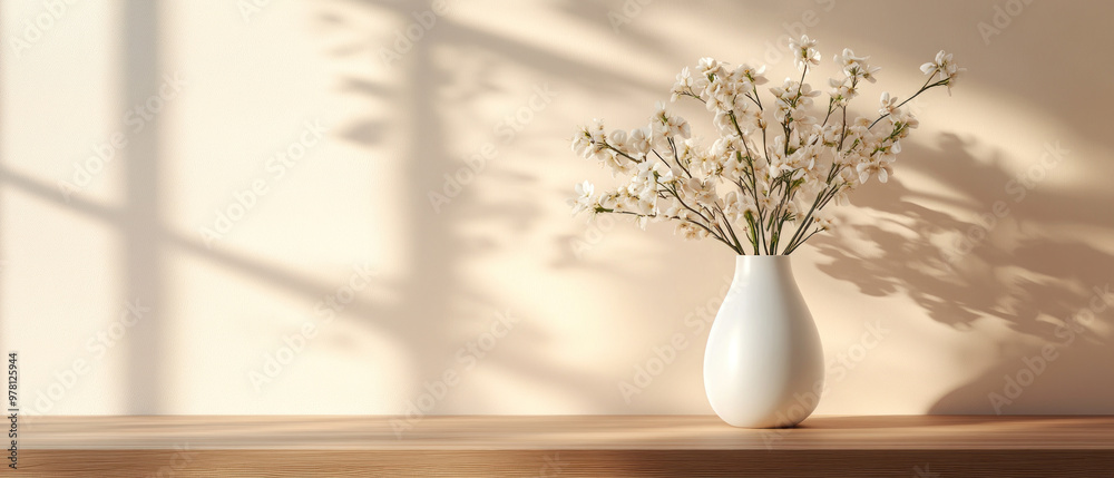 A white ceramic flower vase with tall slim shape holds delicate flowers, casting soft shadows on light wall, creating serene atmosphere.. A white ceramic flower vase with tall slim shape holds delicate flowers, casting soft shadows on light wall, creating serene atmosphere..