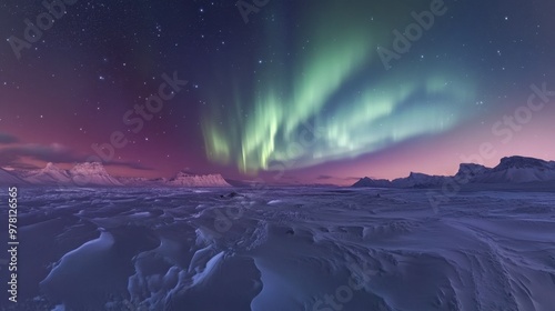 A panoramic shot of the Aurora Borealis over a snowy landscape, with a distant mountain range and dark, starry sky in the background.