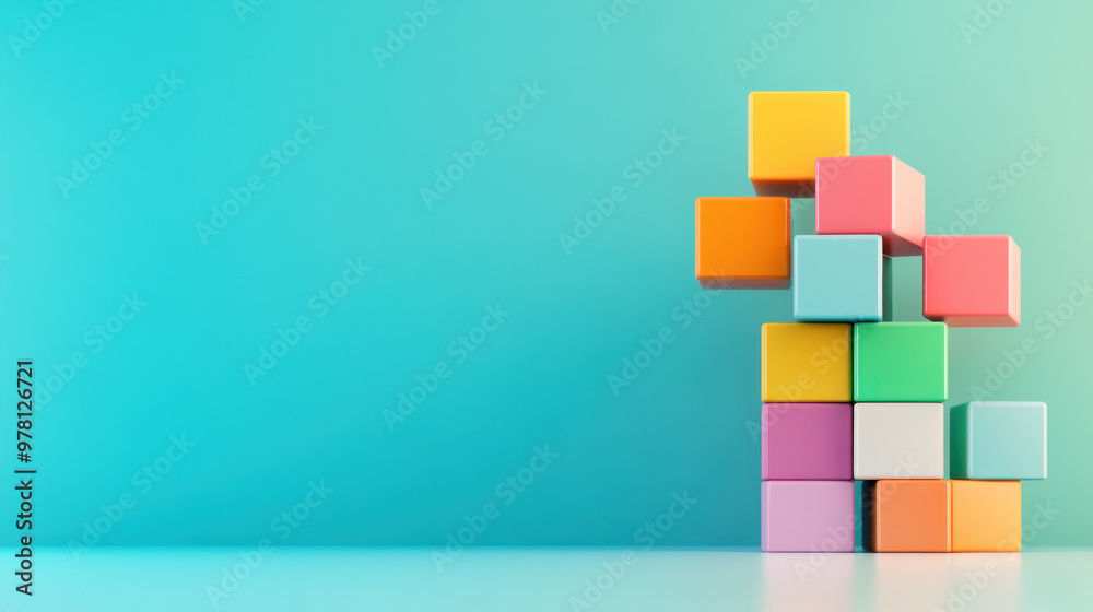 Fototapeta premium Colorful building blocks stacked against vibrant background create playful atmosphere.
