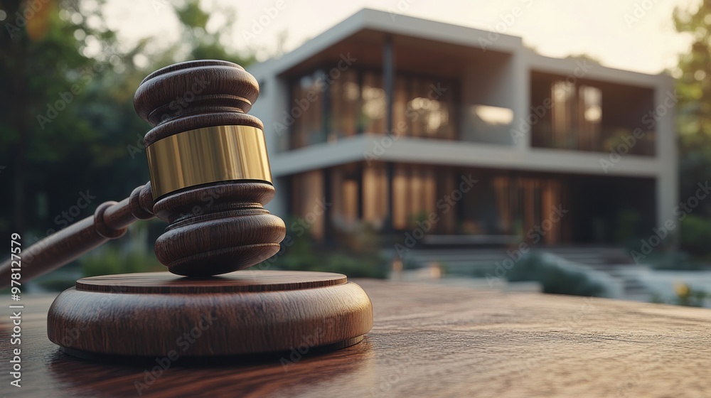 Wooden Gavel on Table with House Background - Wooden gavel placed on a table with a modern house and pool seen in the soft focus background.. Wooden Gavel on Table with House Background - Wooden gavel placed on a table with a modern house and pool seen in the soft focus background..