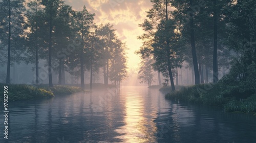 A peaceful river flowing through a misty forest at dawn, with tall trees reflected in the calm water.