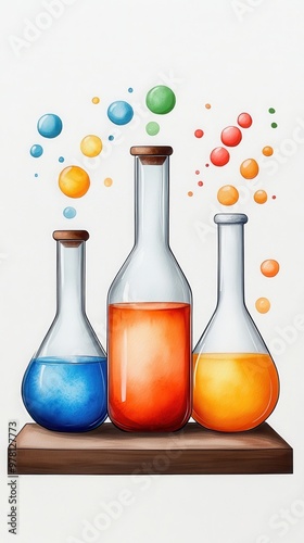 Colorful chemical flasks with bubbling liquids and colorful spheres, perfect for science or educational themes. photo