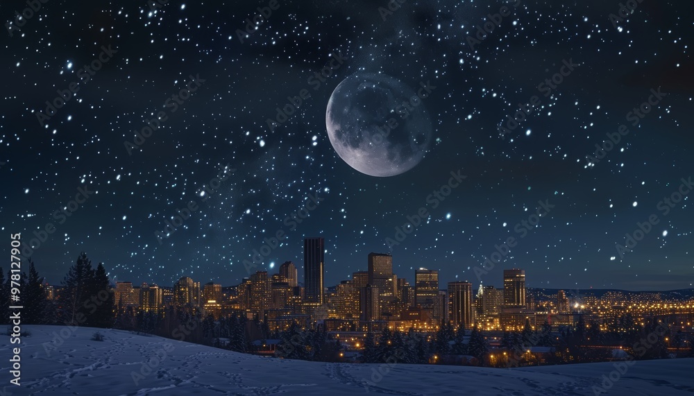 Naklejka premium Urban skyline during twilight under a star-studded sky.