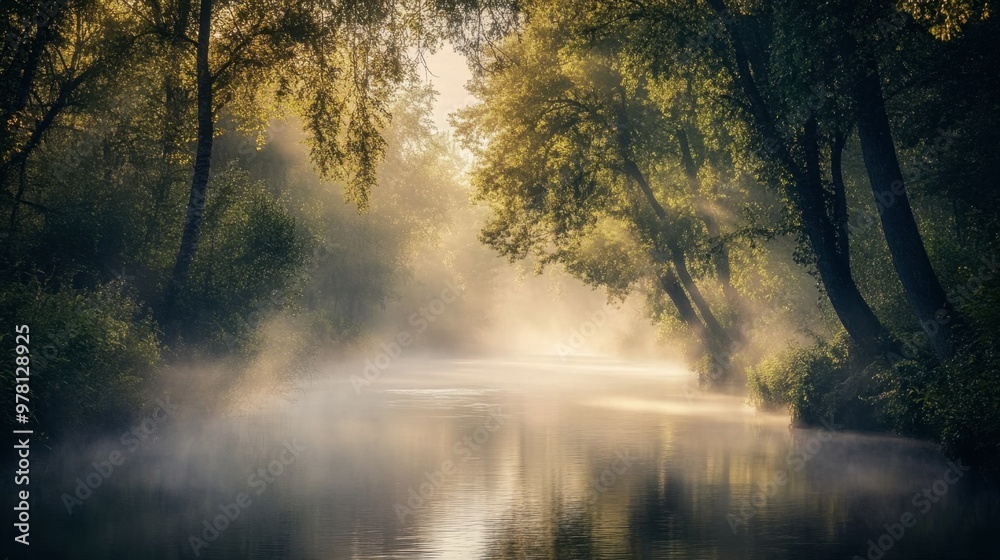 A quiet river running through a foggy forest at dawn, with the mist hanging low over the water and trees. A quiet river running through a foggy forest at dawn, with the mist hanging low over the water and trees.