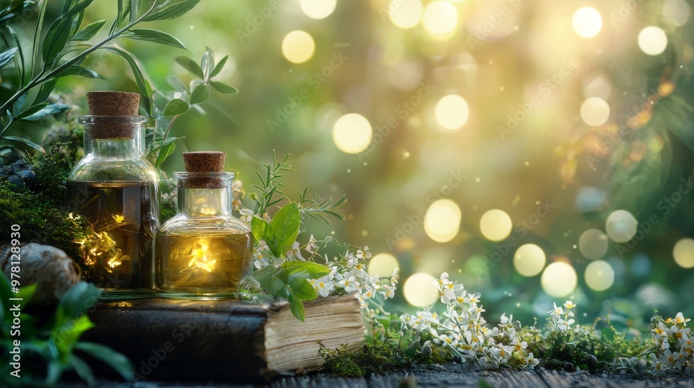 Magical herbal bottles with glowing light surrounded by nature Magical herbal bottles with glowing light surrounded by nature