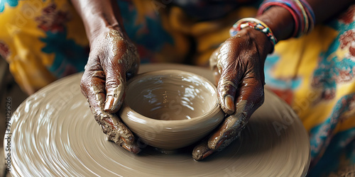 Skilled Craftsperson: A woman's skilled hands deftly manipulating clay on a potter's wheel. photo