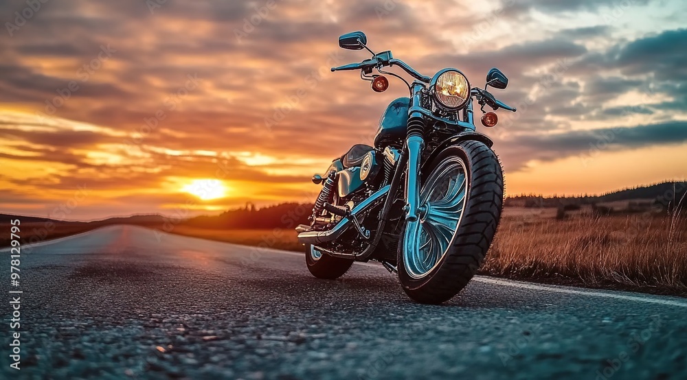 A motorcycle parked on the side of an empty road with a beautiful sunset sky in the background. A motorcycle parked on the side of an empty road with a beautiful sunset sky in the background.