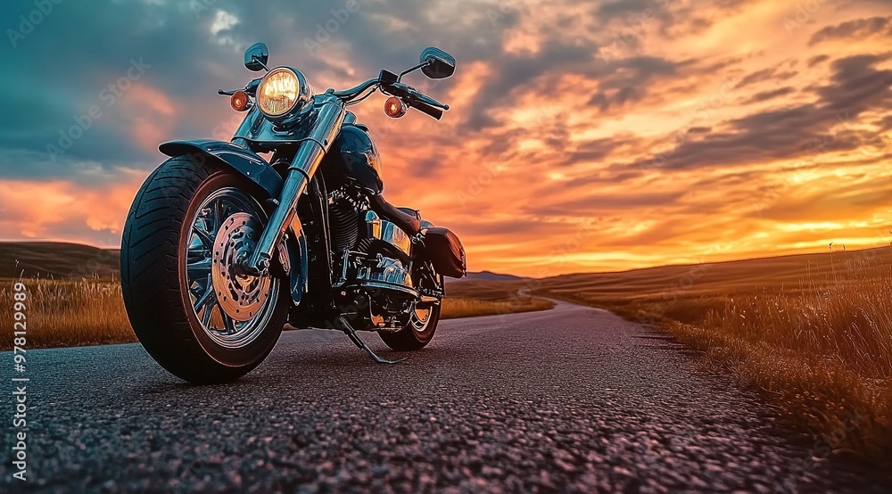 A motorcycle parked on the side of an empty road with a beautiful sunset sky in the background. A motorcycle parked on the side of an empty road with a beautiful sunset sky in the background.