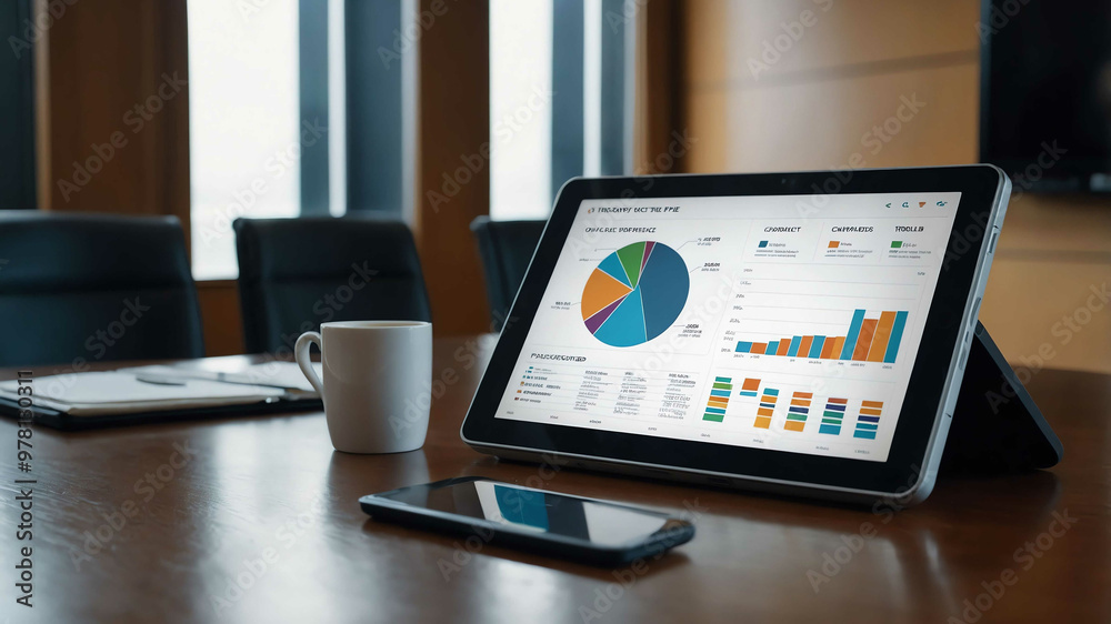 Tablet on a table displaying a pie chart in a conference room Tablet on a table displaying a pie chart in a conference room
