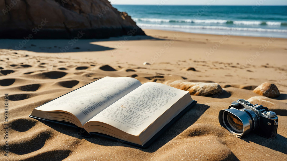 Travel book open on a sandy beach with rocks in the background Travel book open on a sandy beach with rocks in the background