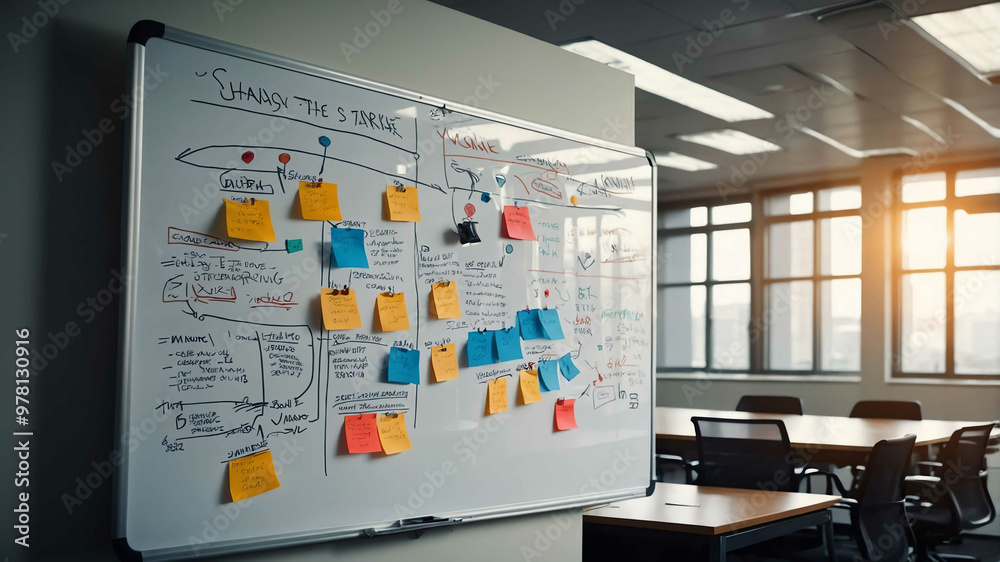 Whiteboard with business strategies drawn out in an office meeting room