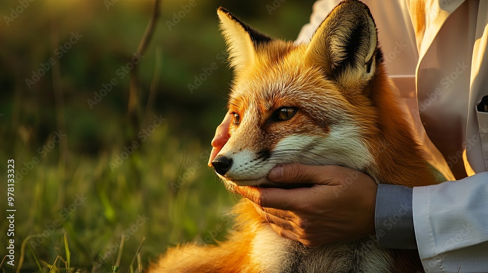Fototapeta premium Dedicated wildlife veterinarian carefully tending to an injured animal in its natural habitat, showcasing compassion and expertise in animal welfare. 