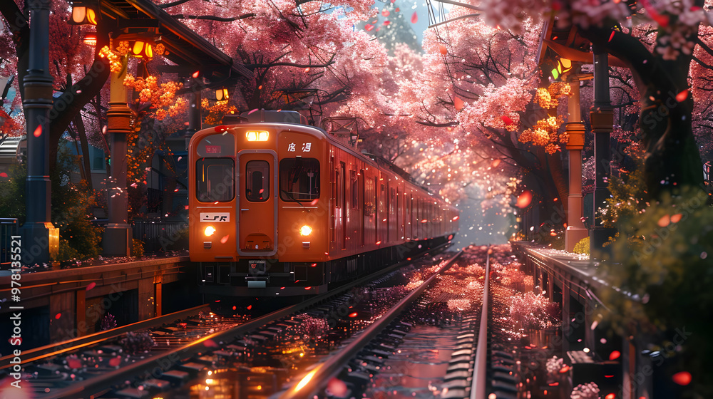 Fototapeta premium Train Under Cherry Blossoms - Digital Illustration