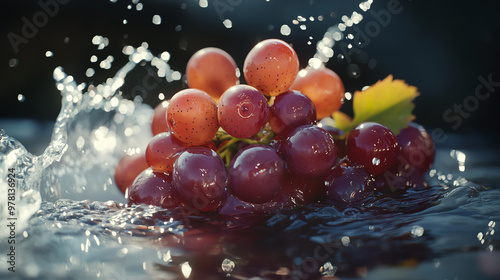 Fresh red grapes splashing into water, showcasing vibrant colors and dynamic movement for a refreshing fruit imagery.