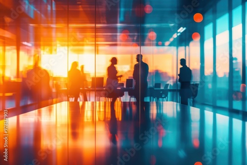 Silhouetted professionals discuss ideas as vibrant sunlight floods through modern office, creating a dynamic, colorful atmosphere.