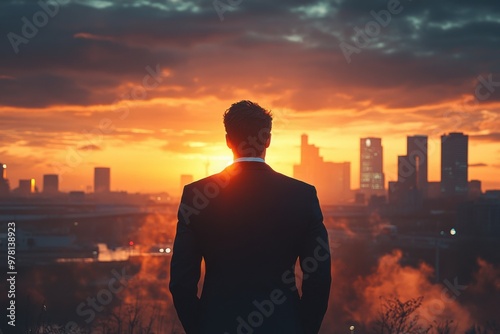 A silhouette of a businessman watching a vibrant sunset over a city skyline, symbolizing opportunity and ambition.