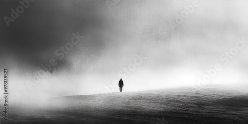 Echoing Cries of Despair: A lone figure standing in the distance, their voice carried by the wind, their cries lost amidst the desolation. photo
