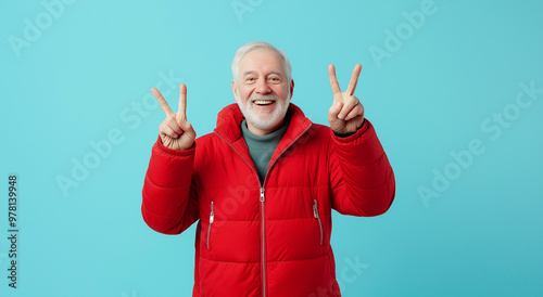 Homem maduro feliz vestindo uma jaqueta vermelha isolada em um fundo azul pastel, foto de estúdio de um velho aposentado comemorando o sucesso e a vitória fazendo um gesto de sinal de vitória  photo