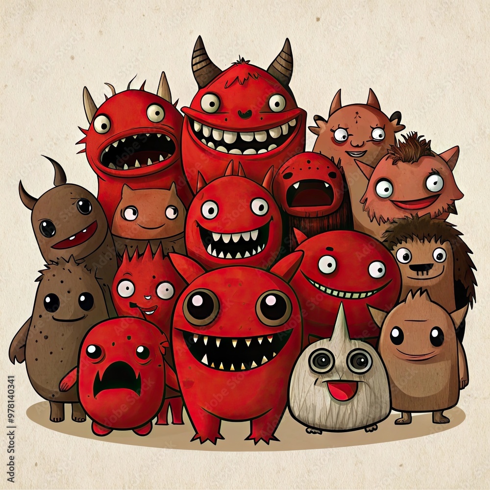 Obraz premium Doodle Monsters Collection Cute Quirky Creatures Hand Drawn Pencil Sketch Tightly Packed Imaginative Character Design Illustration. Pencil doodle art of cute quirky monsters tightly packed with sharp