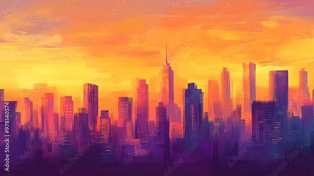 Abstract city skyline at sunset, featuring a stunning blend of warm oranges and purples that capture the urban landscape at its most enchanting hour. Abstract city skyline at sunset, featuring a stunning blend of warm oranges and purples that capture the urban landscape at its most enchanting hour.