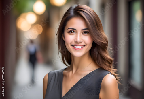 A professional young business woman portrait. A young woman with a warm smile. She has long hair. Her expression is friendly and approachable, showcasing her clear skin and bright eyes.