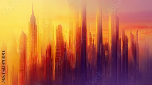 Abstract city skyline at sunset, featuring a stunning blend of warm oranges and purples that capture the urban landscape at its most enchanting hour.