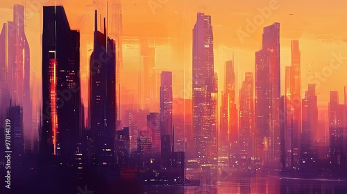  Abstract city skyline at sunset, featuring a stunning blend of warm oranges and purples that capture the urban landscape at its most enchanting hour.