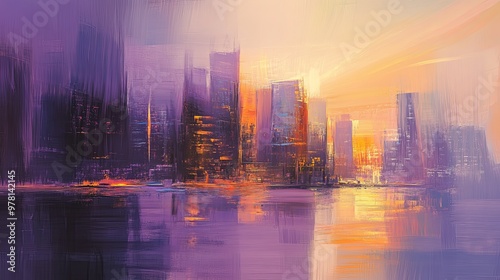  Abstract city skyline at sunset, featuring a stunning blend of warm oranges and purples that capture the urban landscape at its most enchanting hour.