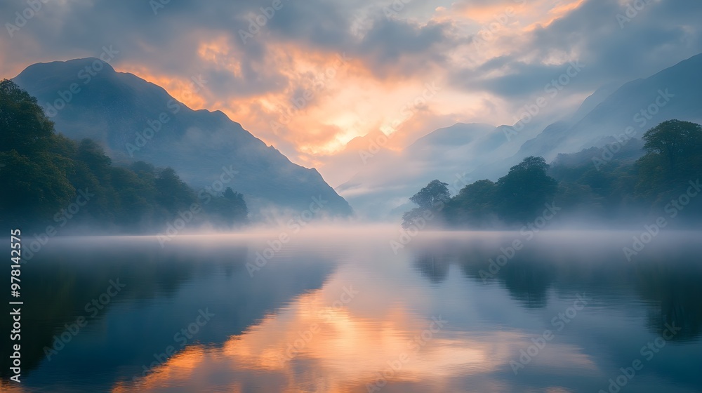 Early morning light casts a warm glow over a peaceful lake, surrounded by misty mountains, soft fog floating over the water, creating a dreamy scene Early morning light casts a warm glow over a peaceful lake, surrounded by misty mountains, soft fog floating over the water, creating a dreamy scene