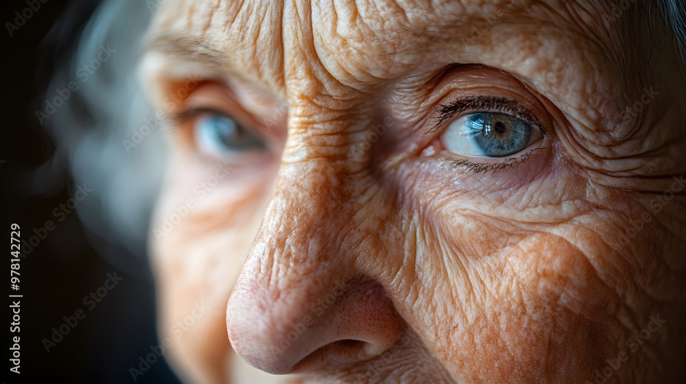 Detailed close-up of an elderly woman's face, showing intricate wrinkles shaped by years of experience, her smile faint but filled with untold stories Detailed close-up of an elderly woman's face, showing intricate wrinkles shaped by years of experience, her smile faint but filled with untold stories