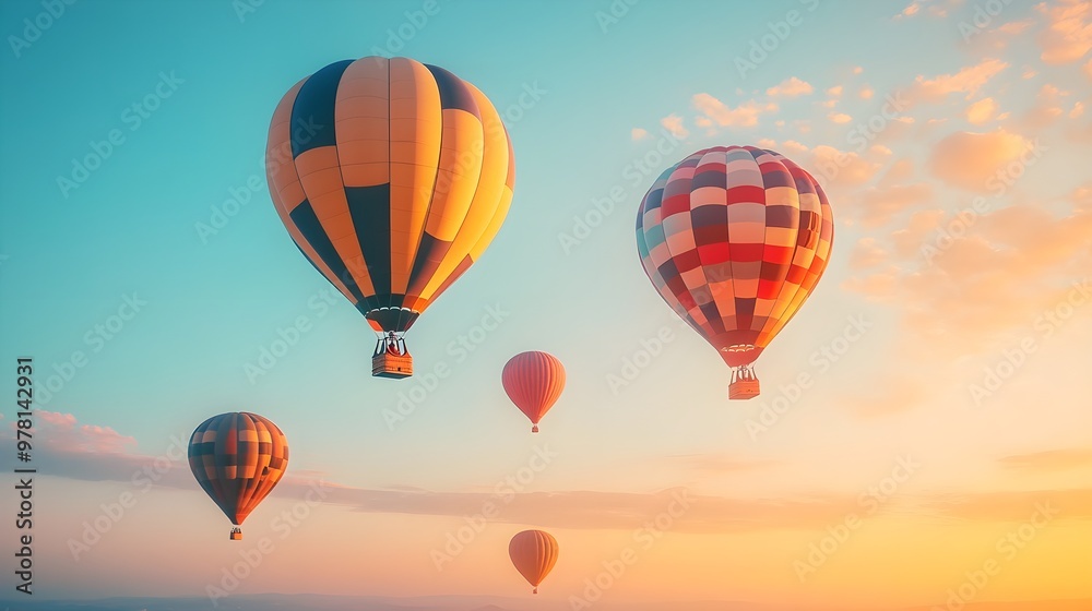 Obraz premium Colorful hot air balloons ascending gracefully into the early morning sky, their vibrant patterns contrasted against the soft pastel hues of the sunrise