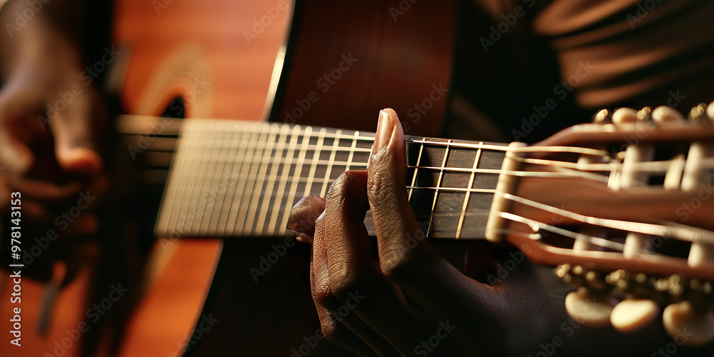Fototapeta premium Sweet Serenade: A musician playing an acoustic guitar, their fingers dancing across the strings.