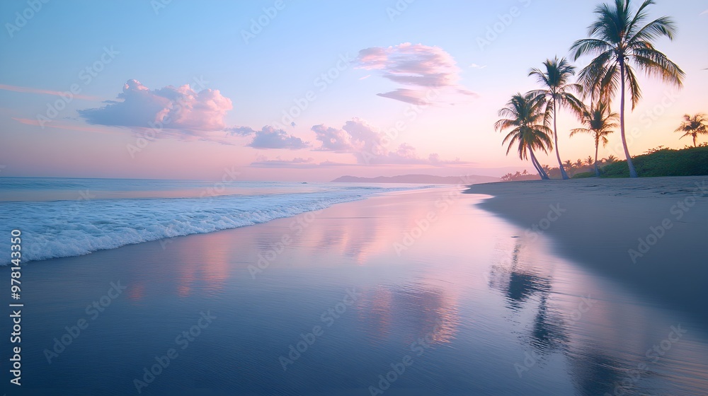 Calm beach at dawn, soft pastel sky blending with the sea, palm trees swaying, and peaceful waves lapping at the shore, reflecting the rising sun Calm beach at dawn, soft pastel sky blending with the sea, palm trees swaying, and peaceful waves lapping at the shore, reflecting the rising sun